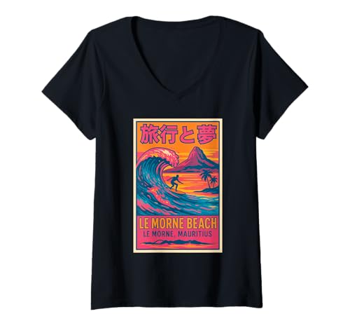 Damen Le Morne Beach Mauritius Surfen Retro Reise Sonnenuntergang Fun Art T-Shirt mit V-Ausschnitt Damen Le Morne Beach Mauritius Surfen Retro Reise Sonnenuntergang Fun Art T-Shirt mit V-Ausschnitt von Le Morne Beach Mauritius Surf Designs
