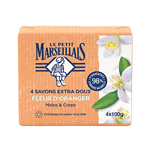 Le Pe Marseillais | Extra milde Orangenblüte Seife (4 x 100 g) – feste Hand- & Körperseife mit 98% natürlichen Inhaltsstoffen – Verpackung aus recycelbarem Papier von Le Petit Marseillais