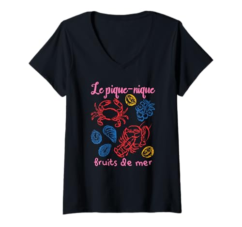 Damen French Meeresfrüchte Picknick Shirt Le Pique-Nique Fruits de Mer T-Shirt mit V-Ausschnitt Damen French Meeresfrüchte Picknick Shirt Le Pique-Nique Fruits de Mer T-Shirt mit V-Ausschnitt von Le Pique-Nique Coastal Seafood Lover Collection