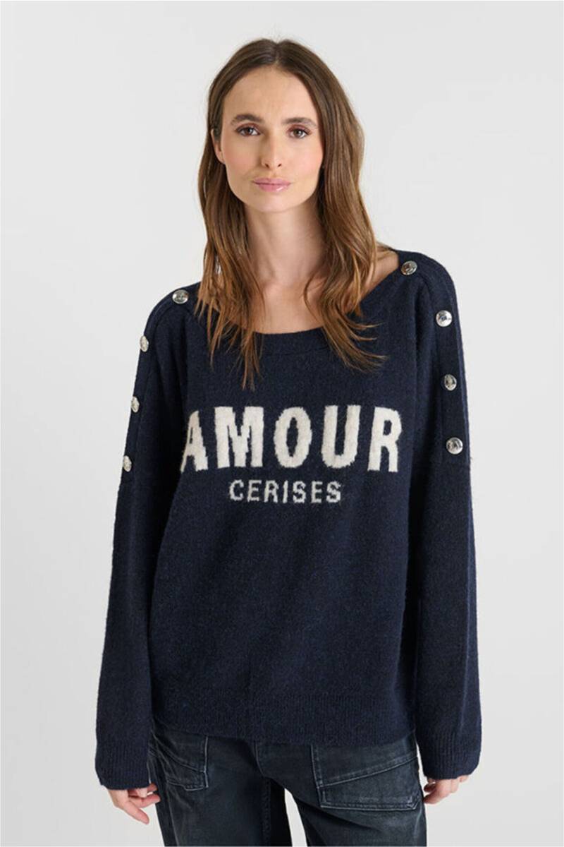 Le Temps Des Cerises Strickpullover "GALLI" mit Knopf-Elementen und Front-Schriftzug von Le Temps Des Cerises