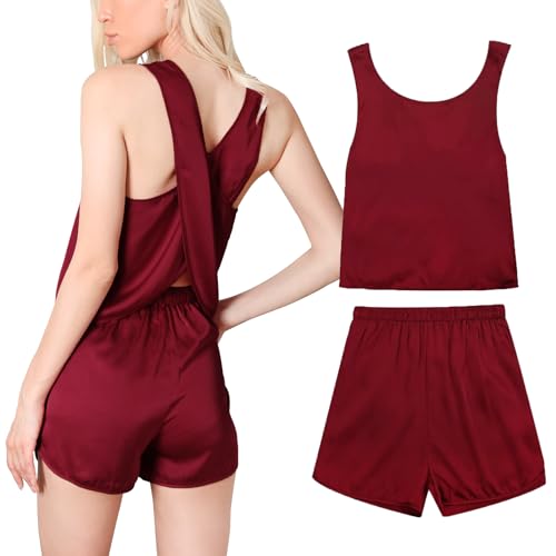 Le Tyerisa Schlafanzug Damen Satin Pyjama Set Damen kurz Sommer Sexy 2-Teile aus Seide Kreuz Rückenfreies Design ärmelloses Top und Kurze Hose Loungewear(Rot, L) von Le Tyerisa