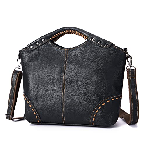 Le'aokuu Damen echtes echtes Leder Vintage Schulter Handtaschen Crossbody Messenger Tote Bag Satchel Geldbörse (Schwarz) von Le'aokuu