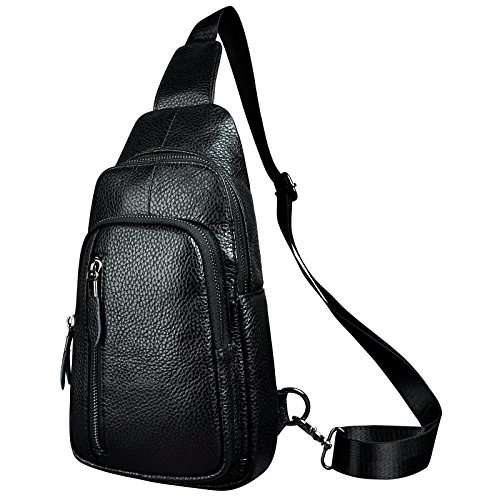 Le’aokuu Herren Echtes Leder Brusttasche Crossbody Bag Sling Bag Schultertasche Gurteltasche Umhängetasche Rucksack Brustbeutel Für Outdoor Sport Reisen（8005 B Schwarz） von Le'aokuu