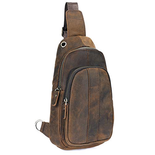 Le'aokuu Herren Echtes Leder Brusttasche Crossbody Bag Sling Bag Schultertasche Gurteltasche Umhängetasche Rucksack Brustbeutel Für Outdoor Sport Reisen (8006 A Braun) von Le'aokuu