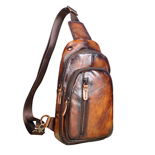 Le’aokuu Herren Echtes Leder Brusttasche Crossbody Bag Sling Bag Schultertasche Gurteltasche Umhängetasche Rucksack Brustbeutel Für Outdoor Sport Reisen 8005 (8005 E Karamell) von Le'aokuu