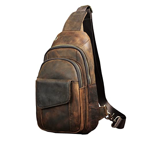 Le’aokuu Herren Echtes Leder Hüfttasche Bauchtsche Brusttasche Crossbody Bag Sling Bag Schultertsche Brustbeutel Freizeit Reisen Outdoor Tasche 8013 (1 8013 A Dunke Braun) von Le'aokuu