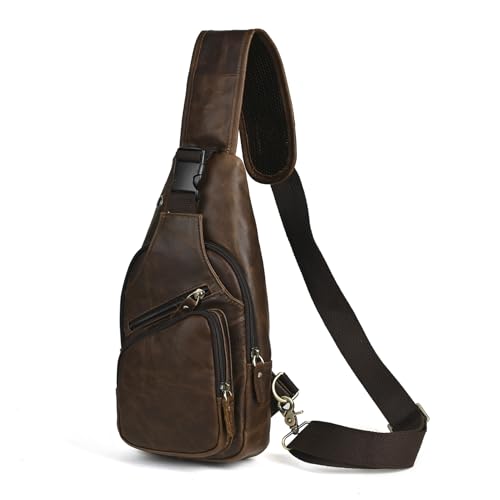 Le'aokuu Herren Echtes Leder Brusttasche Umhängetasche Sport Outdoor Messenger Bag Wanderrucksäcke（8015 0 Dunkelbraun 2） von Le'aokuu