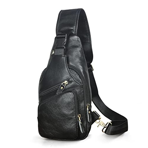 Le'aokuu Herren Echtes Leder Brusttasche Umhängetasche Sport Outdoor Messenger Bag Wanderrucksäcke（8015 3 Schwarz） von Le'aokuu