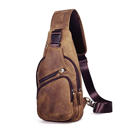 Le'aokuu Herren Echtes Leder Brusttasche Umhängetasche Sport Outdoor Messenger Bag Wanderrucksäcke（8015 1 Braun 2） von Le'aokuu