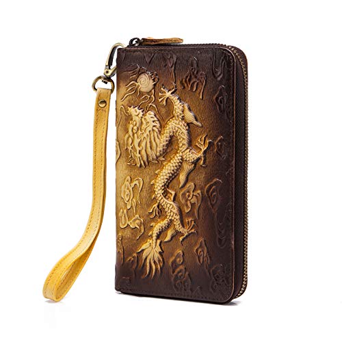 Le’aokuu Herren Echtes Leder Geldbörse Organizer Doppelte Scheckheft Brieftasche Emboss Geldbeutel W1016 (1016 Gold-Drache) von Le'aokuu