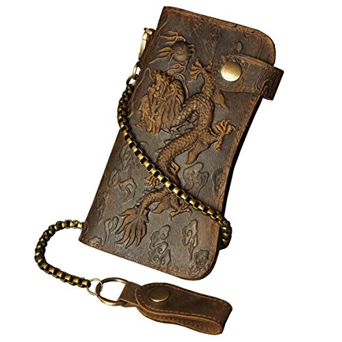 Le’aokuu Herren Echtes Leder Geldbörse Organizer Doppelte Scheckheft Brieftasche Lange Kette Emboss Geldbeutel W1088 (1 W1088 A Drache Hell Braun) von Le'aokuu