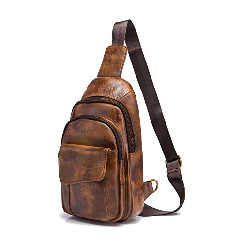 Le’aokuu Herren Echtes Leder Hüfttasche Bauchtsche Brusttasche Crossbody Bag Sling Bag Schultertsche Brustbeutel Freizeit Reisen Outdoor Tasche 8013 (1 8013 A2 Golden) von Le'aokuu