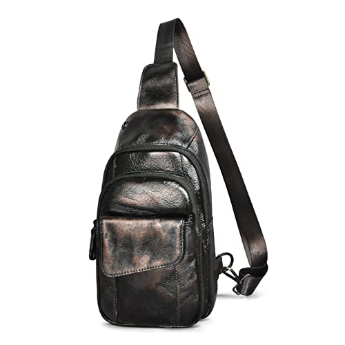 Le’aokuu Herren Echtes Leder Hüfttasche Bauchtsche Brusttasche Crossbody Bag Sling Bag Schultertsche Brustbeutel Freizeit Reisen Outdoor Tasche 8013 (1 8013 C Schwarzer Kaffee) von Le'aokuu