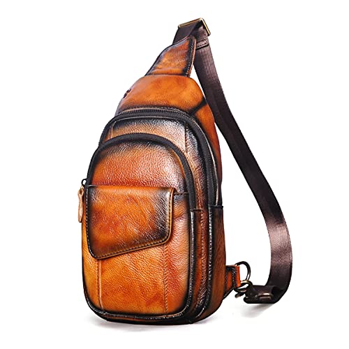 Le’aokuu Herren Echtes Leder Hüfttasche Bauchtsche Brusttasche Crossbody Bag Sling Bag Schultertsche Brustbeutel Freizeit Reisen Outdoor Tasche 8013 (1 8013 Orange) von Le'aokuu