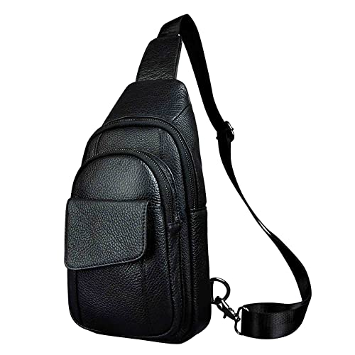 Le’aokuu Herren Echtes Leder Hüfttasche Bauchtsche Brusttasche Crossbody Bag Sling Bag Schultertsche Brustbeutel Freizeit Reisen Outdoor Tasche 8013 (1 8013 A3 Schwarz) von Le'aokuu