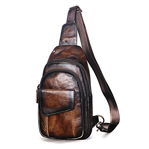 Le’aokuu Herren Echtes Leder Hüfttasche Bauchtsche Brusttasche Crossbody Bag Sling Bag Schultertsche Brustbeutel Freizeit Reisen Outdoor Tasche 8013 (1 8013 B1 Kaffee) von Le'aokuu