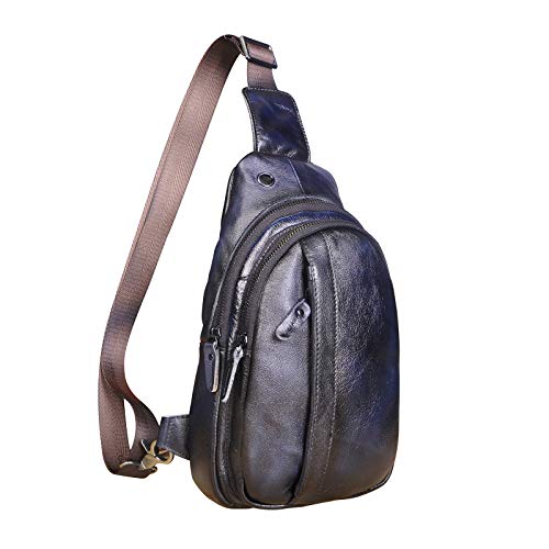 Le’aokuu Herren Echtes Leder Hüfttasche Brusttasche Bauchtsche Crossbody Bag Sling Bag Schultertsche Brustbeutel Für Motorrad Joggen (010 Blau) von Le'aokuu