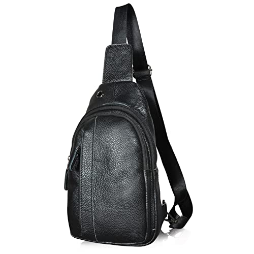 Le’aokuu Herren Echtes Leder Hüfttasche Brusttasche Bauchtsche Crossbody Bag Sling Bag Schultertsche Brustbeutel Für Motorrad Joggen (X 010 Schwarz) von Le'aokuu