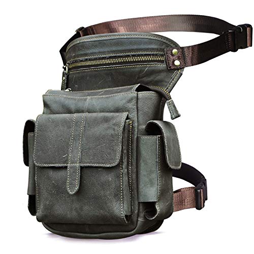 Le'aokuu Herren Echtes Leder Hüfttasche Gürteltasche Bauchtasche Reißverschluss Motorrad Messenger Pack Schultertasche 913-5 (Grau) von Le'aokuu