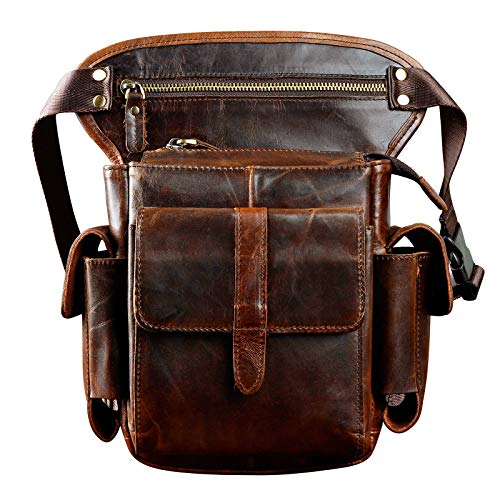 Le'aokuu Herren Echtes Leder Hüfttasche Gürteltasche Bauchtasche Reißverschluss Motorrad Messenger Pack Schultertasche 913-5 (A2 Kaffeebraun) von Le'aokuu