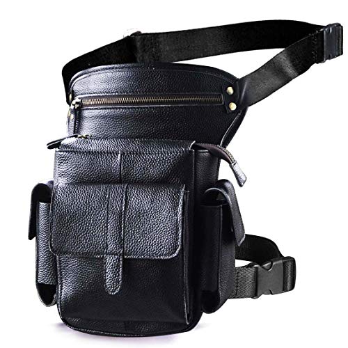 Le'aokuu Herren Echtes Leder Hüfttasche Gürteltasche Bauchtasche Reißverschluss Motorrad Messenger Pack Schultertasche 913-5 (B Schwarz) von Le'aokuu