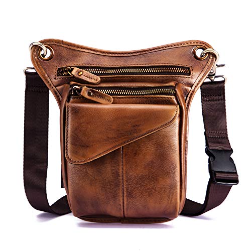 Le'aokuu Herren Echtes Leder Rucksäcke Beinbeutel Beintasche Hüfttasche Hip Bum Weist Pack Outdoor Messenger Bag 211-3(211-3 A3 Gold) von Le'aokuu