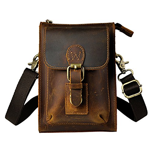 Le'aokuu Herren Echtes Leder Schultertasche Umhängetasche Hüfttasche Handy Tasche Messenger Bag 6402 (6402 Dunkebraun) von Le'aokuu