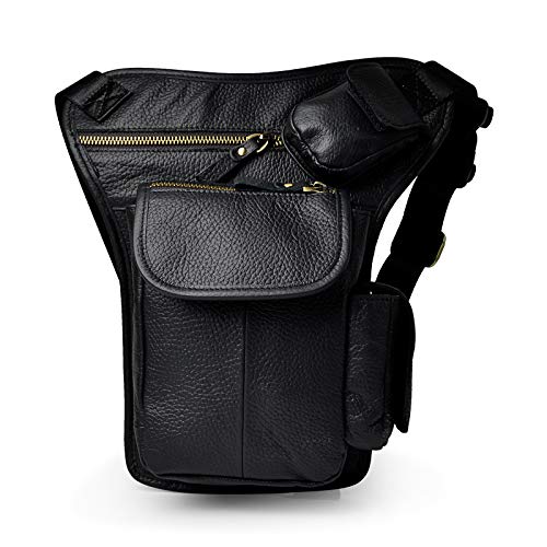 Le'aokuu Herren Echtes Leder Tasche Beinbeutel Beintasche Außenbeintasche Hüfttasche Drop Leg Thigh Bag Motorrad Tactical Messenger Bag 3106 (3106 A2 Schwarz) von Le'aokuu