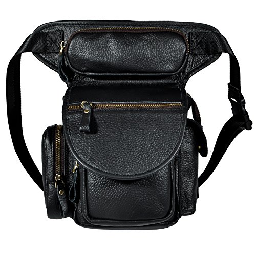 Le'aokuu Herren Echtes Leder Tasche Schultertasche Gürteltasche Beinbeutel Beintasche Hüfttasche Drop Leg Thigh Bag Motorrad Radfahren Messenger Bag 3109 (3109 C Schwarz) von Le'aokuu