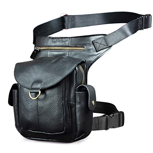 Le'aokuu Herren Echtes Leder Tasche Schultertasche Gürteltasche Beinbeutel Beintasche Hüfttasche Drop Leg Thigh Bag Reisen Messenger Bag 9938 (A Schwarz) von Le'aokuu