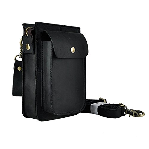 Le'aokuu Herren Hohes Qualität Echtes Leder Tasche Hüfttasche Hip Bum Fanny Belt Waist Pack Bauchtasche Metallhaken Tasche Schultertasche Reißverschlusstasche 021 Schwarz von Le'aokuu