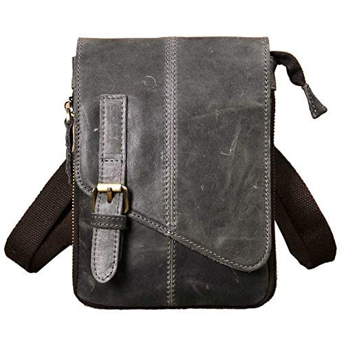 Le'aokuu Herren Verrückt Pferd Leder Tasche Freizeit Universität Schultasche Reisetasche Schultertasche Messenger Bag 611 (611-1 Grau-Groß) von Le'aokuu