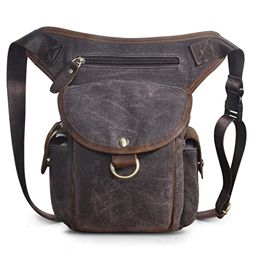 Le'aokuu Men Canvas Und Echtes Leder Messenger wasserdichte Umhängetasche Motorrad Tactic Fanny Belt Waist Bag Pack Pouch Drop Leg Bag 9938(0 Dunkler Kaffee) von Le'aokuu