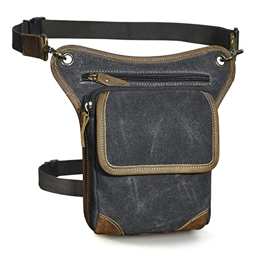 Le'aokuu Wasserdichte Motorrad-Hüfttasche aus Segeltuch und echtem Leder für Herren, Messenger-Schultertasche, Beintasche 211-1 (Schwarz) von Le'aokuu