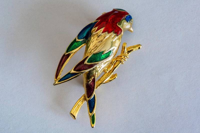 Große Bunte Parakeet Gold & Emaillierte Brosche Große Bunte Parakeet Gold & Emaillierte Brosche von LeBelVintageJewelry