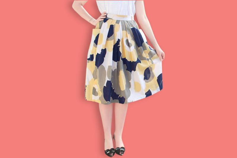 90Er Jahre Leinen Floral Faltenrock - Hohe Taille Midi-Rock Gelb-Marine-Weiß & Grau Fett Blume Rock Colorblock Garten Partei Gänseblümchen von LeBiquette