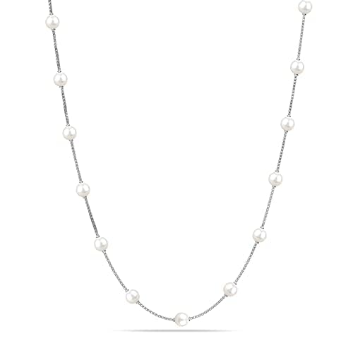 LeCalla Links 925 Sterling Silver Italian Pearl Station Chain Necklace for Teen and Women 18 Inches von LeCalla Links