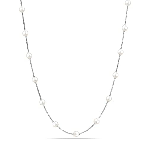 LeCalla Links 925 Sterling Silver Italian Pearl Station Chain Necklace for Teen 16 Inches von LeCalla Links