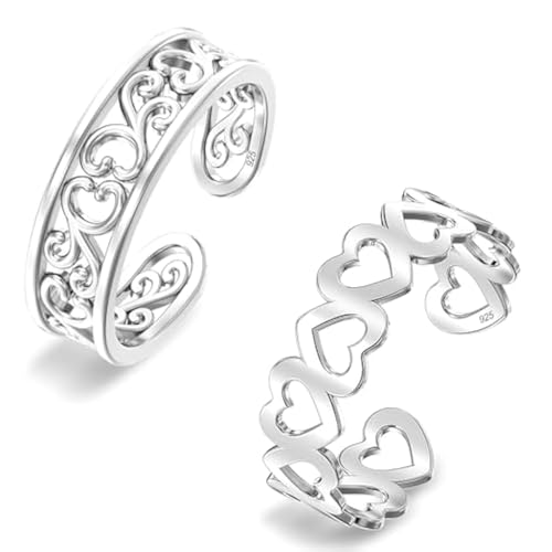 LeCalla 2 Stück 925 Sterling Silber Zehenringe für Frauen | Abwechselnd offene Herzen und Hawaiian Leaf Open einstellbare Zehenring Band | Minimalistische Sommer Strand Fußschmuck von LeCalla