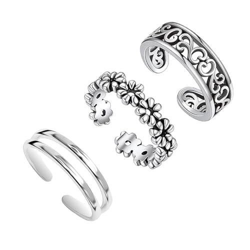 LeCalla 3 Stück 925 Sterling Silber süße Blume Herz Band Ring offen verstellbare Zehenringe für Frauen von LeCalla