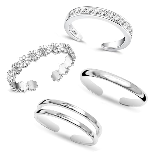 LeCalla 4 Stück 925 Sterling Silber Zehenringe für Frauen | Offene einstellbare Blume einfache Band CZ Zehenring Schmuck Set | Sommer Strand nackten Fuß Schmuck von LeCalla