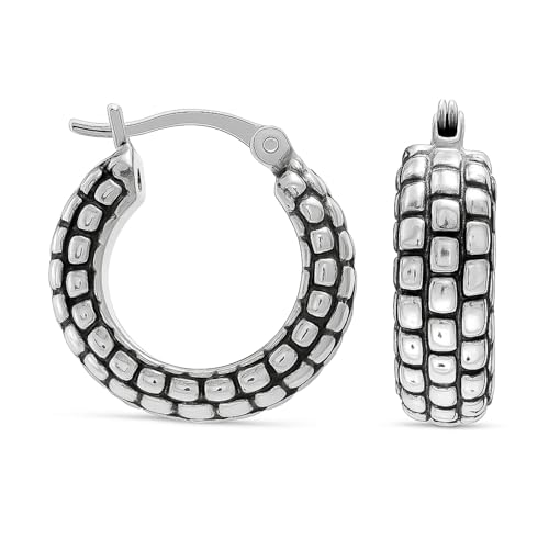 LeCalla 925 Sterling Silber Chunky Hoop Ohrringe für Frauen | kleine antike gestreifte strukturierte Klick-Top-Ohrring 18MM von LeCalla