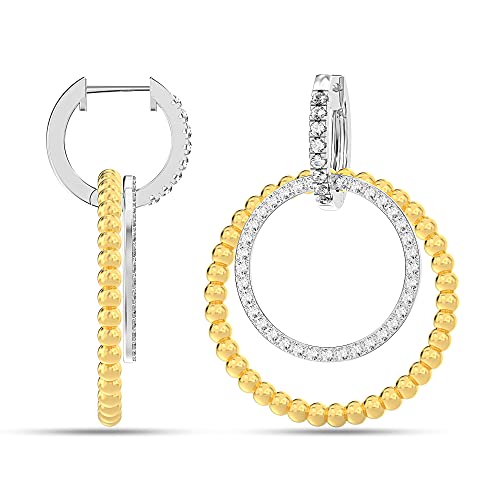 LeCalla 925 Sterling Silber Cubic Zirconia Interlocking Two-Tone Beaded Double Huggie Hoop Drop Dangle Earrings für Frauen Teen 30 MM von LeCalla