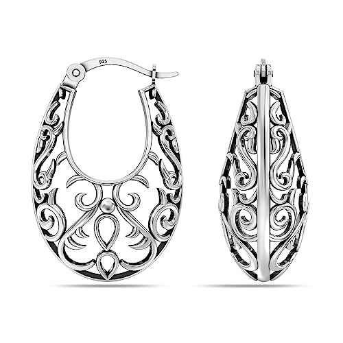 LeCalla 925 Sterling Silber Filigran Creolen mittelgroßes italienisches Design antik oxidiert Oval Mesh Filigran Klick-Top Creolen für Frauen 35MM von LeCalla