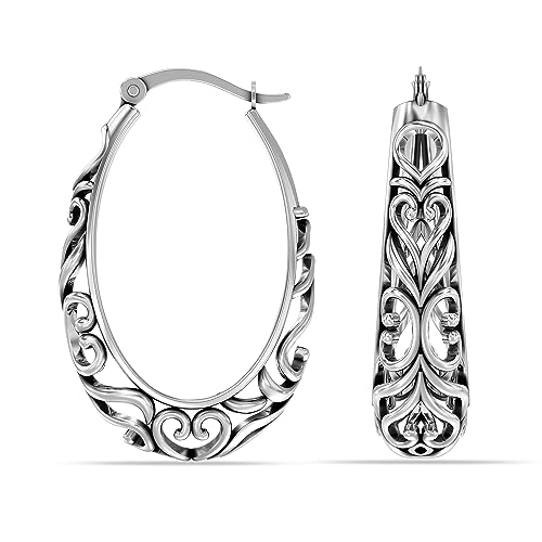 LeCalla 925 Sterling Silber Filigrane Ohrringe Italienisch Antik Oxidiert Oval Leichtgewicht Klick-Top Ohrringe für Frauen - 32MM von LeCalla