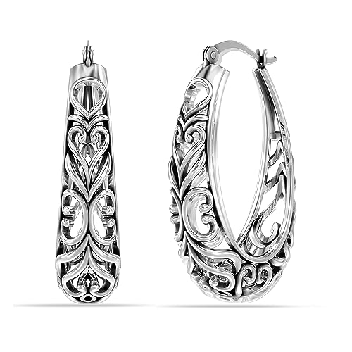 LeCalla 925 Sterling Silber Filigrane Ohrringe Italienisch Antik Oxidiert Oval Leichtgewicht Klick-Top Ohrringe für Frauen - 32MM von LeCalla