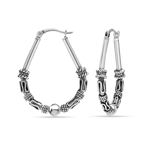 LeCalla 925 Sterling Silber Ohrringe für Frauen | Vintage Balinesische Kunst inspiriert Boho Tribal Ohrringe | Ovale Tropfen Form 32MM von LeCalla