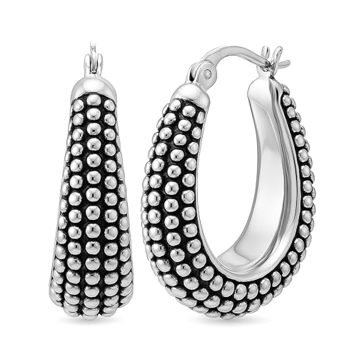 LeCalla 925 Sterling Silber Kaviar Creolen Medium Oval Antik Oxidiert Leichtgewicht Klick-Top Beaded Hoops für Frauen - 27MM von LeCalla