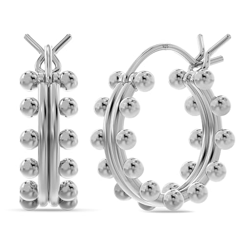 LeCalla 925 Sterling Silber Kleine klobige Creolen für junge Frauen | Rhodinierte Creolen mit doppelter Perlenverzierung | Klassische Hoop mit Klickverschluss 15 mm von LeCalla