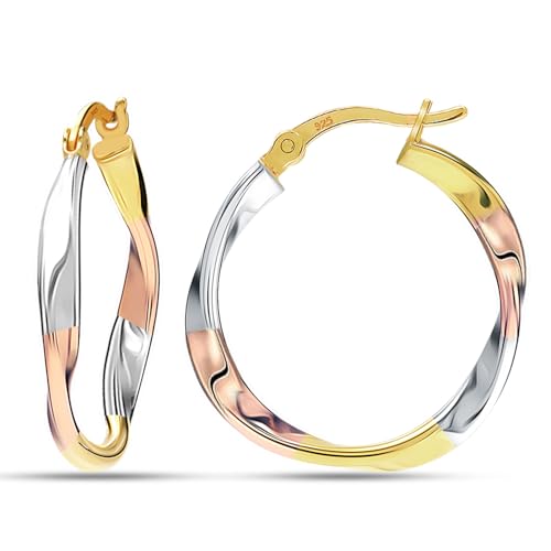 LeCalla 925 Sterling Silber Ohrringe für Frauen | 14K Rose-Gold & 14K Gelb-Gold vergoldet Silber Creolen | Dreifarbige verdrehte Creolen 25MM von LeCalla